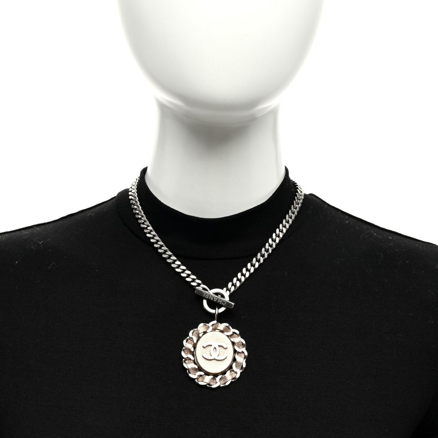 Lambskin CC Chain Pendant Necklace Silver