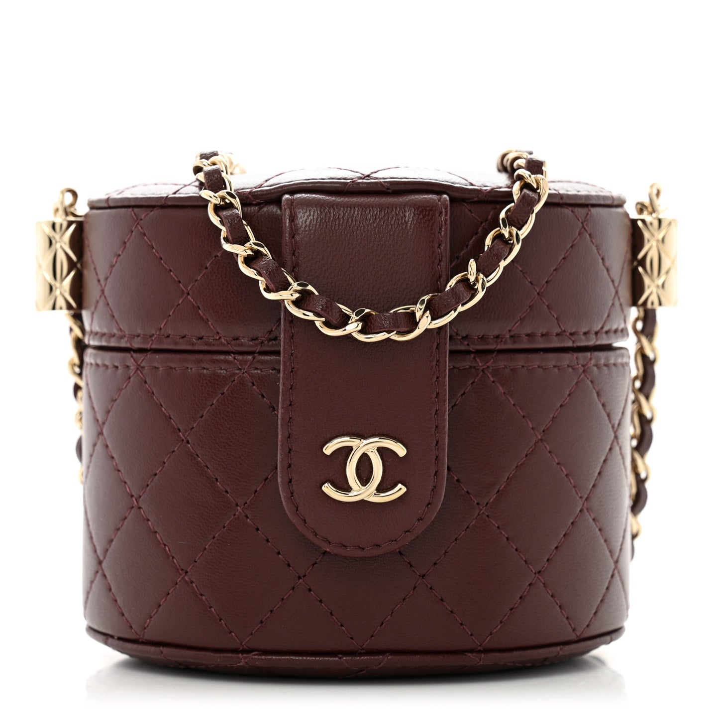 Lambskin Quilted Round Mini Vanity Case With Chain Burgundy