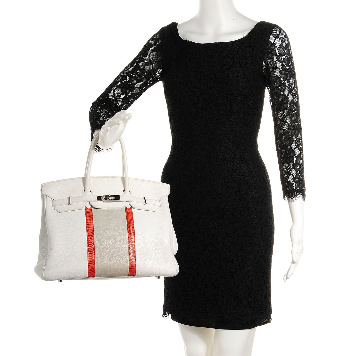 Taurillon Clemence Lizard Club Birkin 35 Blanc Gris Perle Sanguine