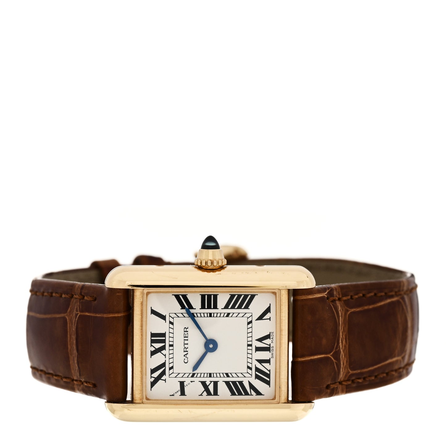 18K Yellow Gold Alligator 22mm Tank Louis Quartz Watch Brown