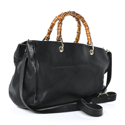Gucci Pebbled Calfskin Medium Bamboo Shopper Tote Black 3 of 11