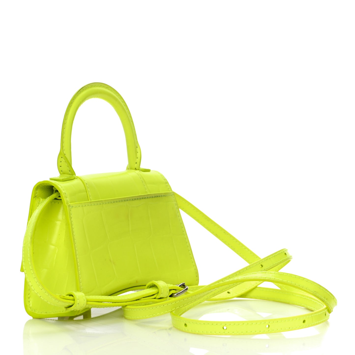 Semi Shiny Calfskin Crocodile Embossed Hourglass Top Handle Bag Mini Fluo Yellow
