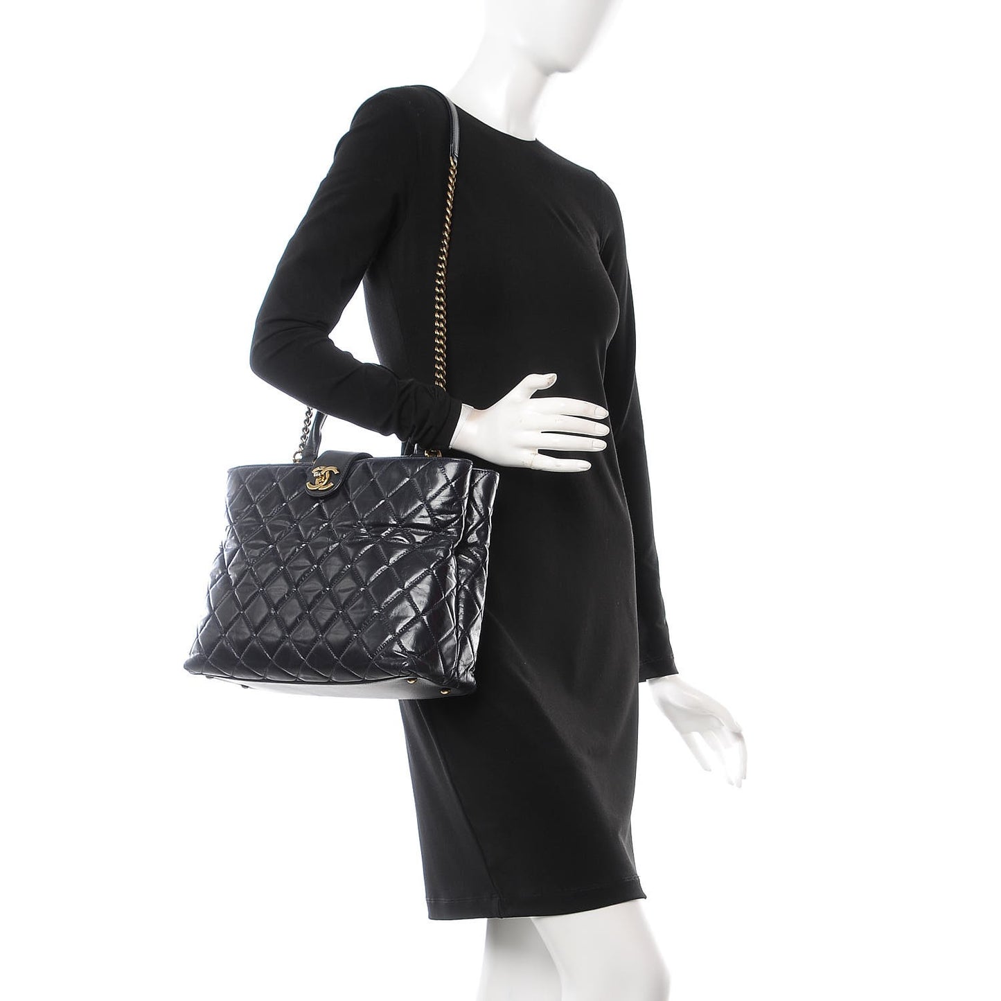 Calfskin Quilted Large Gold Bar Top Handle Tote Dark Navy Blue