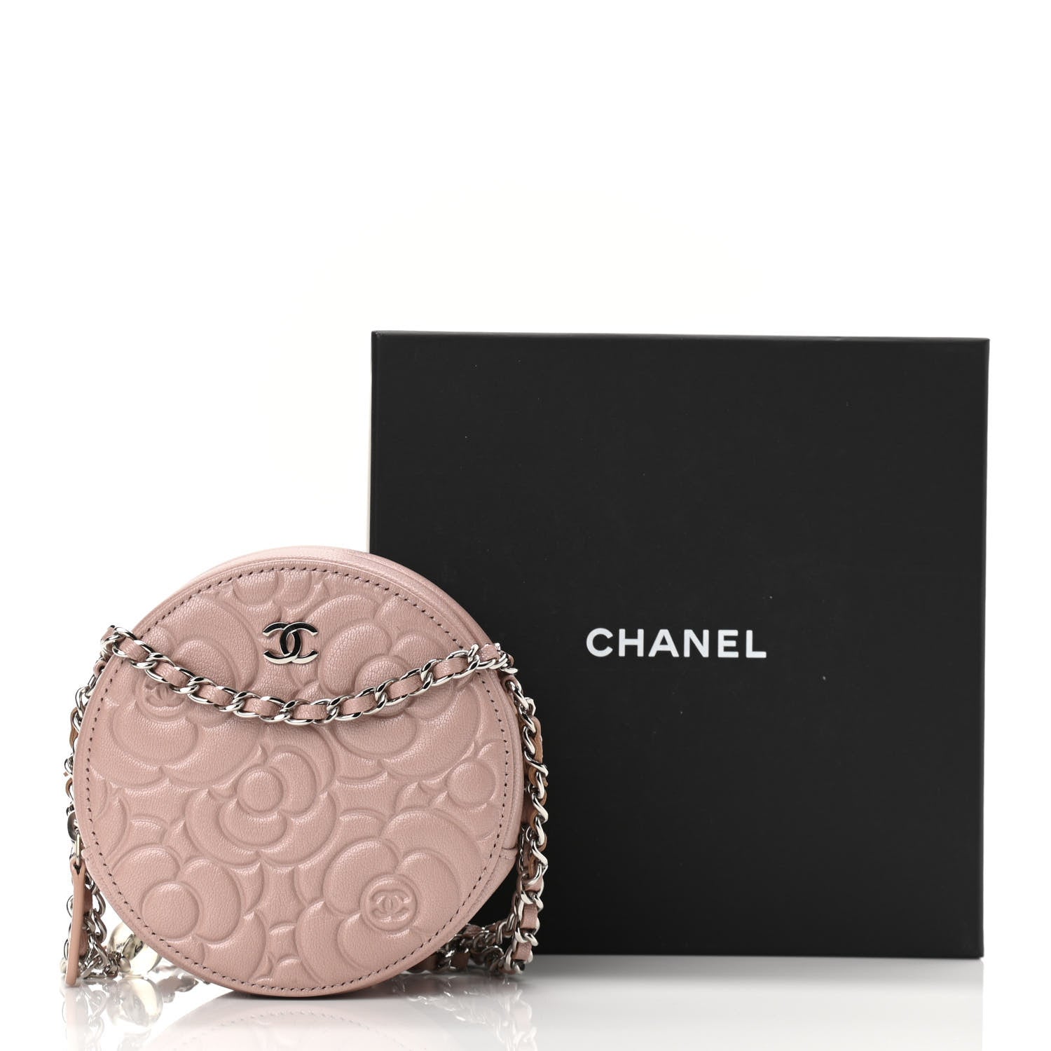 Chanel Goatskin Camellia Quilted Round Clutch With Chain Light Pink 11 of 11