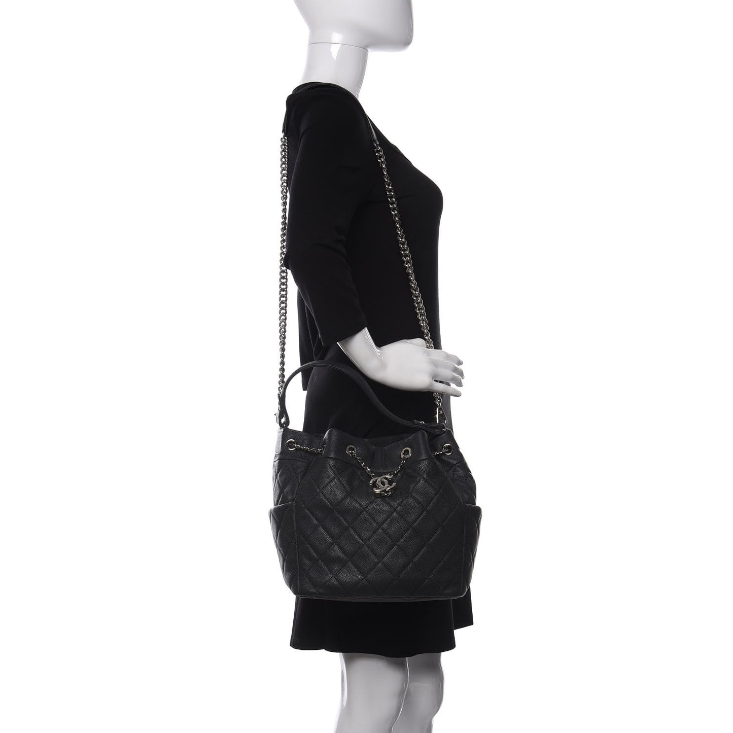 Caviar Flat Quilted CC Chain Bucket Drawstring Bag Black