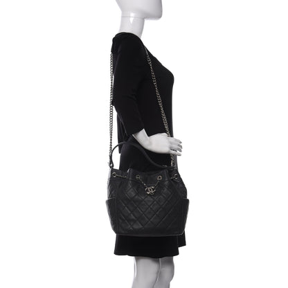 Chanel Caviar Flat Quilted CC Chain Bucket Drawstring Bag Black 2 of 9