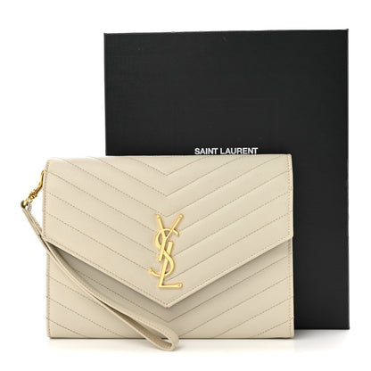 Saint Laurent Grain De Poudre Matelasse Chevron Monogram Envelope Clutch Crema Soft 12 of 12