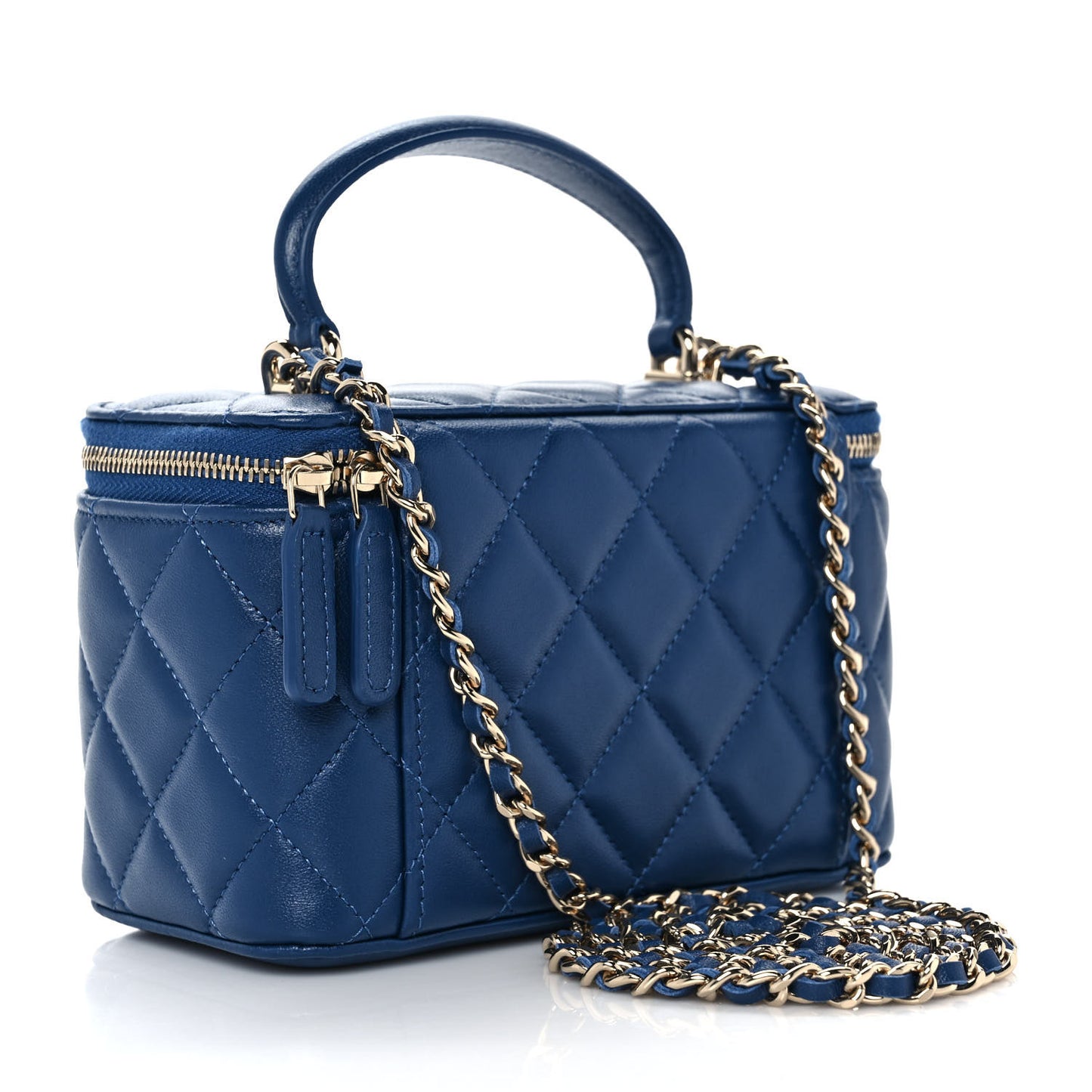 Lambskin Quilted Small Top Handle Vanity Case With Chain Dark Blue