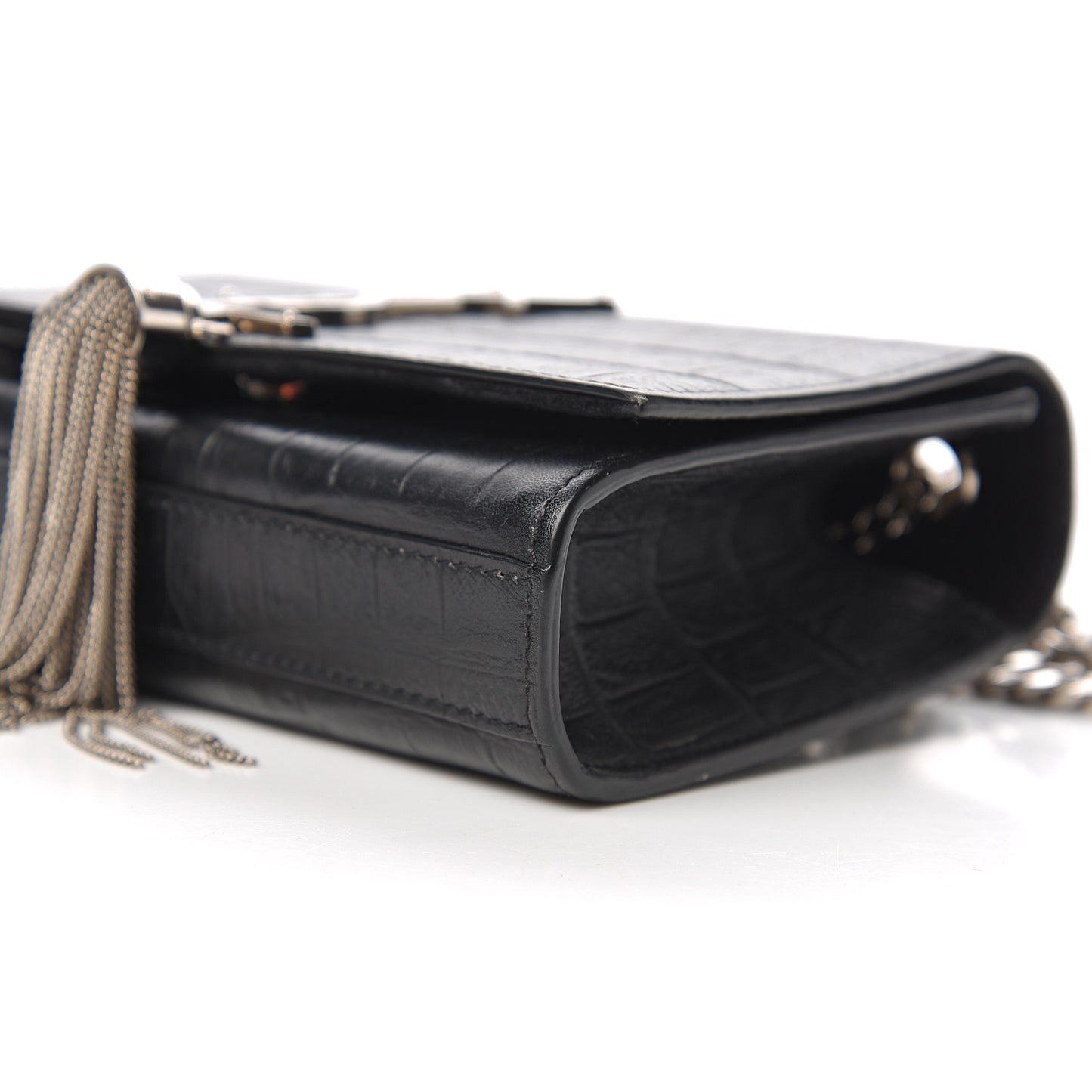 Calfskin Crocodile Embossed Small Classic Monogram Kate Tassel Satchel Black