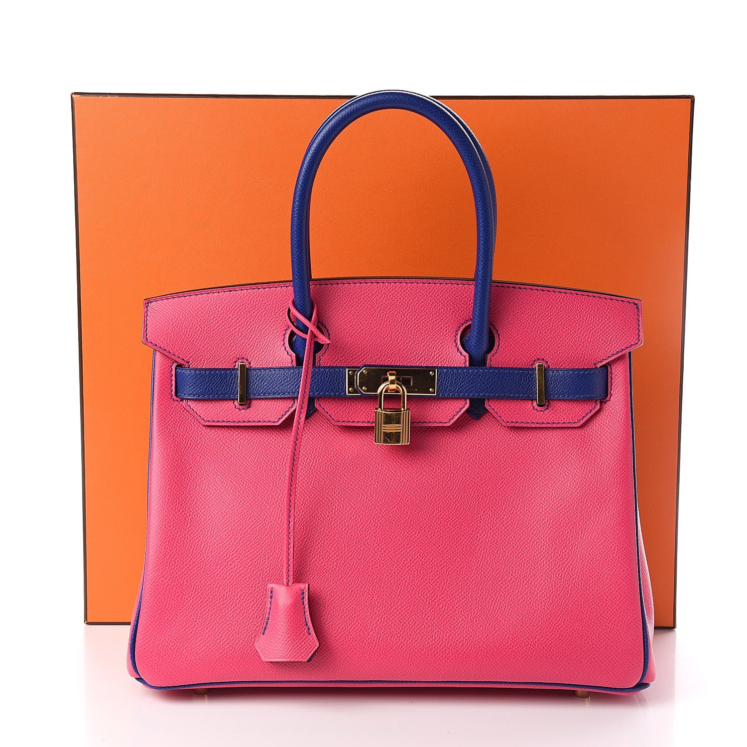 Hermes Epsom Bi Color Horseshoe Birkin 30 Rose Tyrien Bleu Electrique 8 of 8