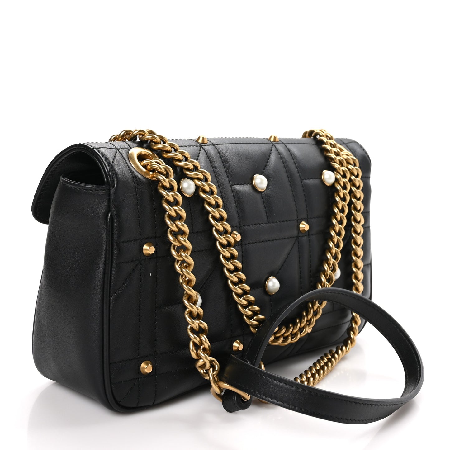 Calfskin Matelasse Studded Small Pearly GG Marmont Shoulder Bag Black