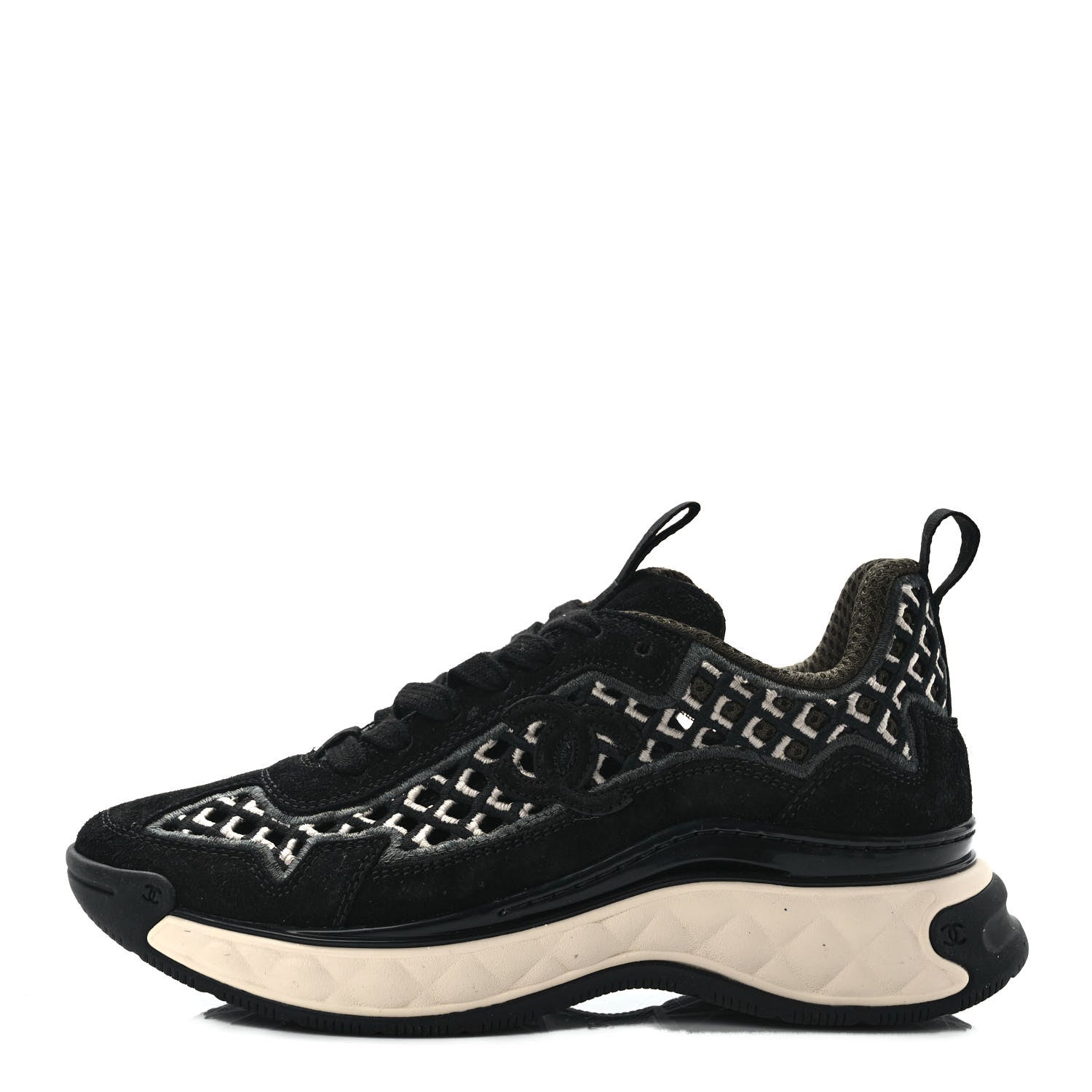 Chanel Suede Calfskin Embroidered CC Sneakers 36 Beige Black 1 of 8