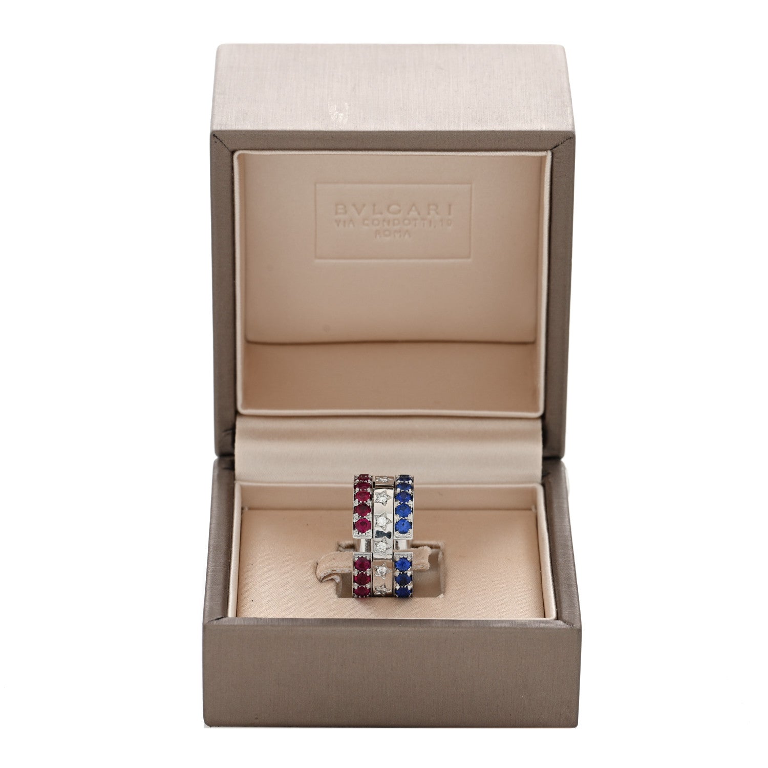 Bulgari 18K White Gold Diamond Diamond Blue Sapphire Ruby Ring 54 7 5 of 5