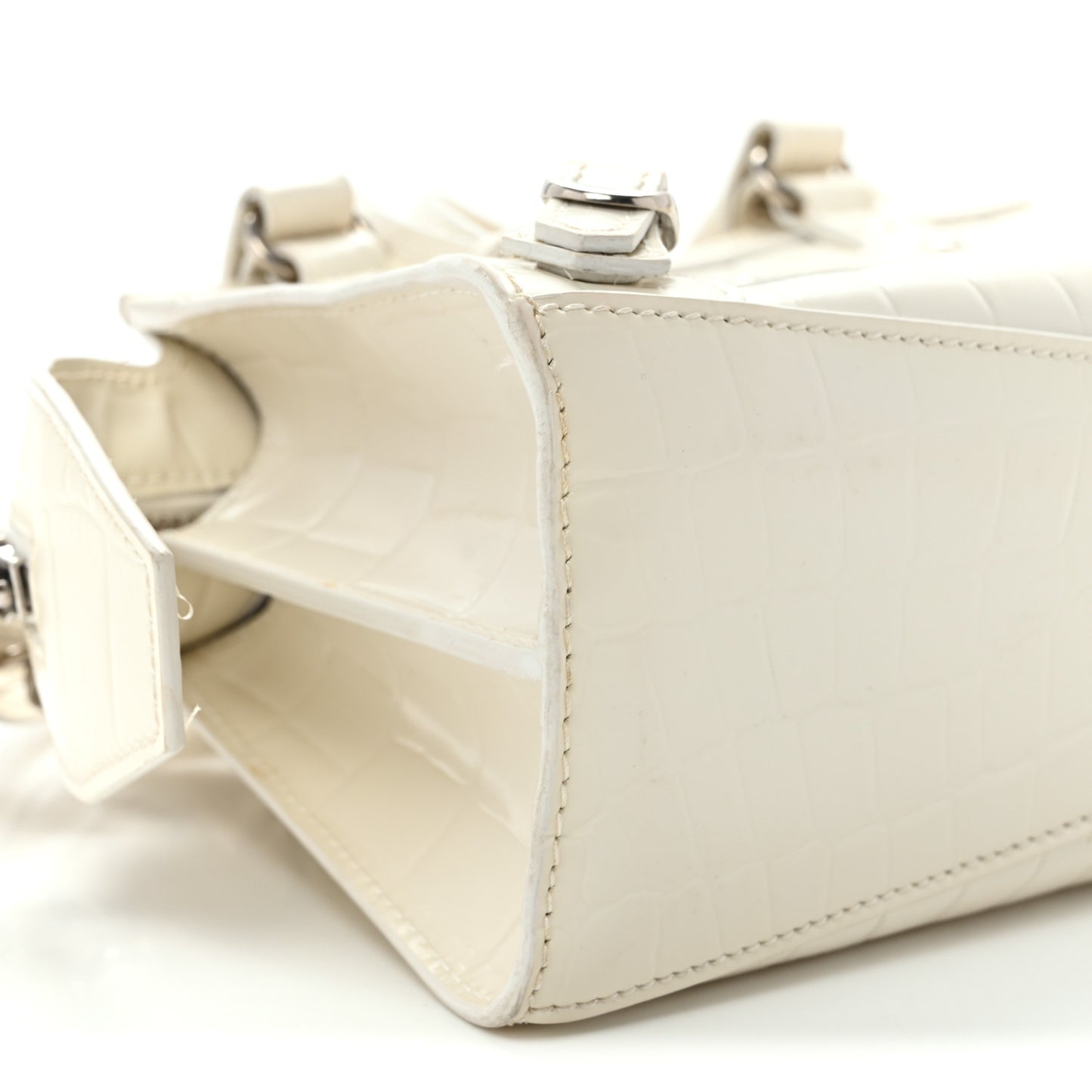 Semi Shiny Calfskin Crocodile Embossed Neo Classic Silver Hardware Nano City Crossbody White
