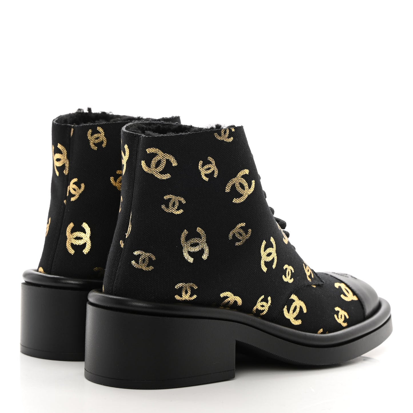 Lambskin Shearling Canvas CC Lace Up Boots 37.5 Black Gold