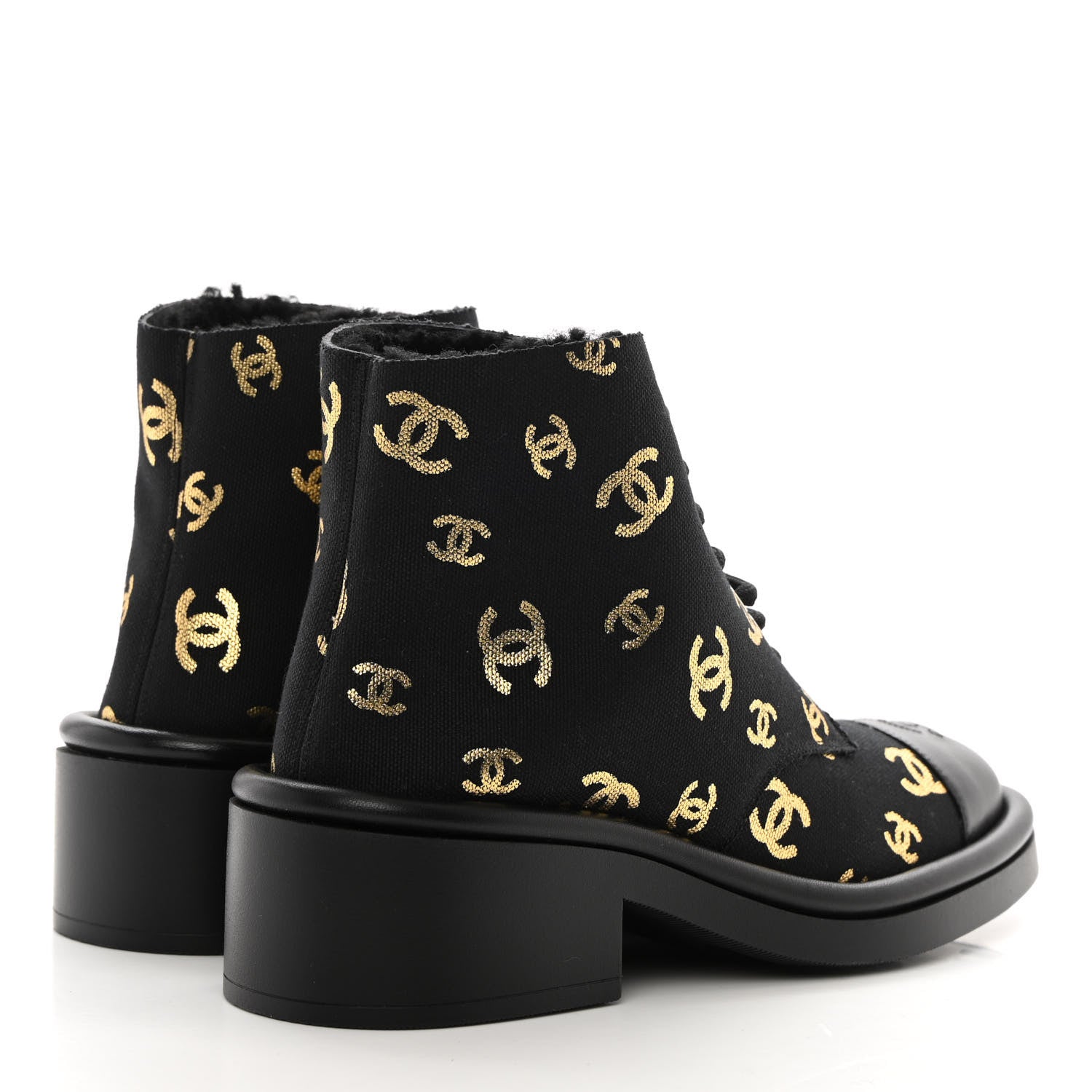 Chanel Lambskin Shearling Canvas CC Lace Up Boots 37.5 Black Gold 4 of 13