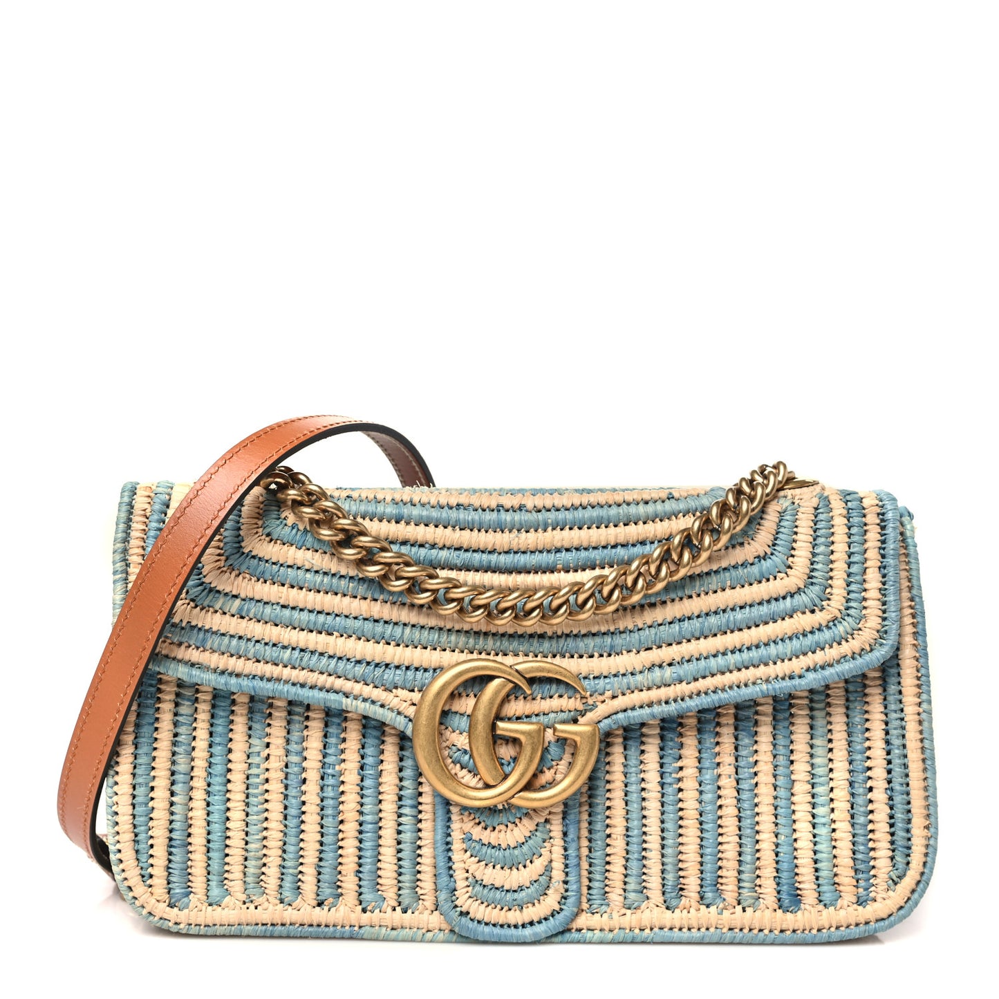 Raffia Woven Small GG Marmont Shoulder Bag Natural Light Blue