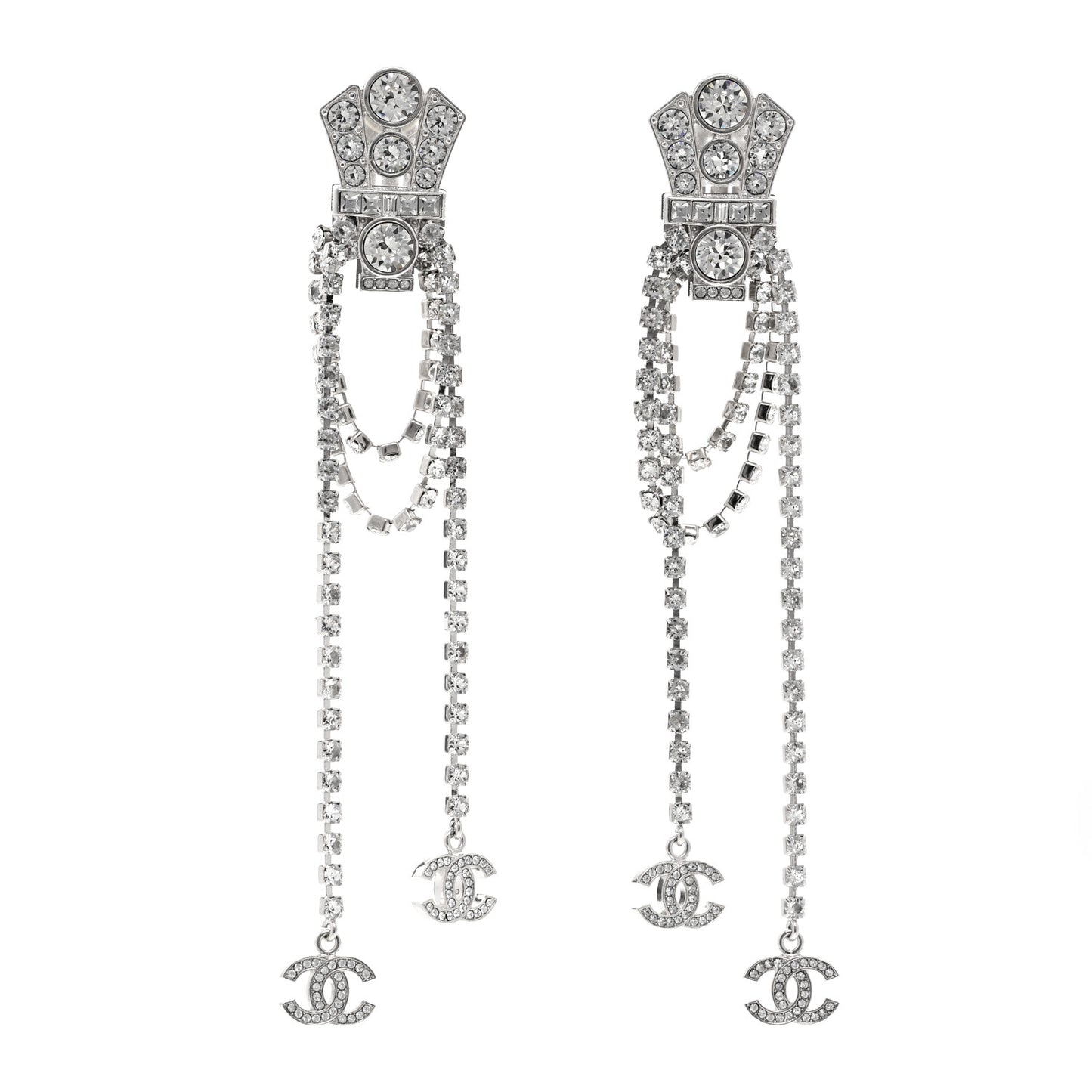 Crystal CC Crown Chandelier Drop Clip On Earrings Silver