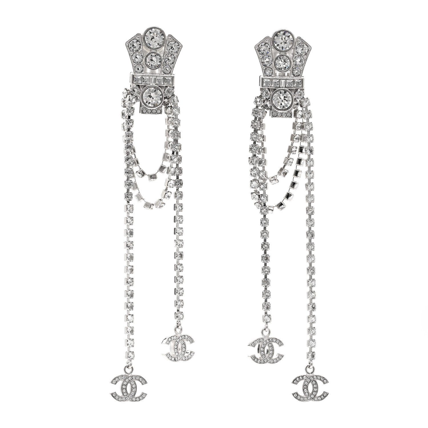 Chanel Crystal CC Crown Chandelier Drop Clip On Earrings Silver 1 of 5