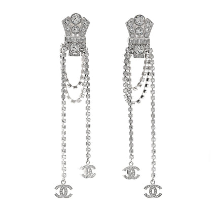Chanel Crystal CC Crown Chandelier Drop Clip On Earrings Silver 1 of 5