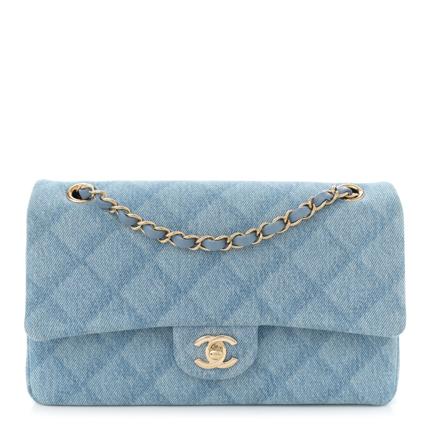Printed Denim Quilted Medium Double Flap Light Blue