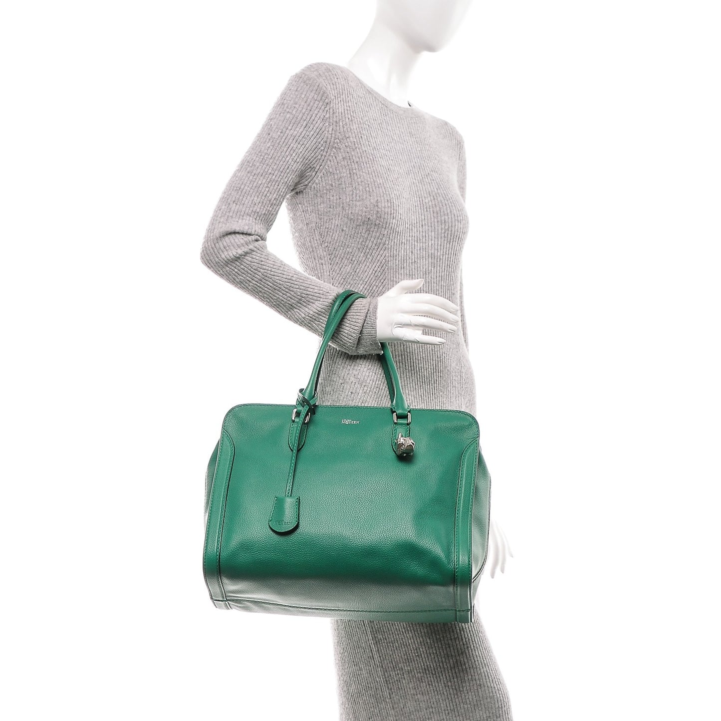 Pebbled Calfskin Large Skull Padlock Zip Around Tote Emerald