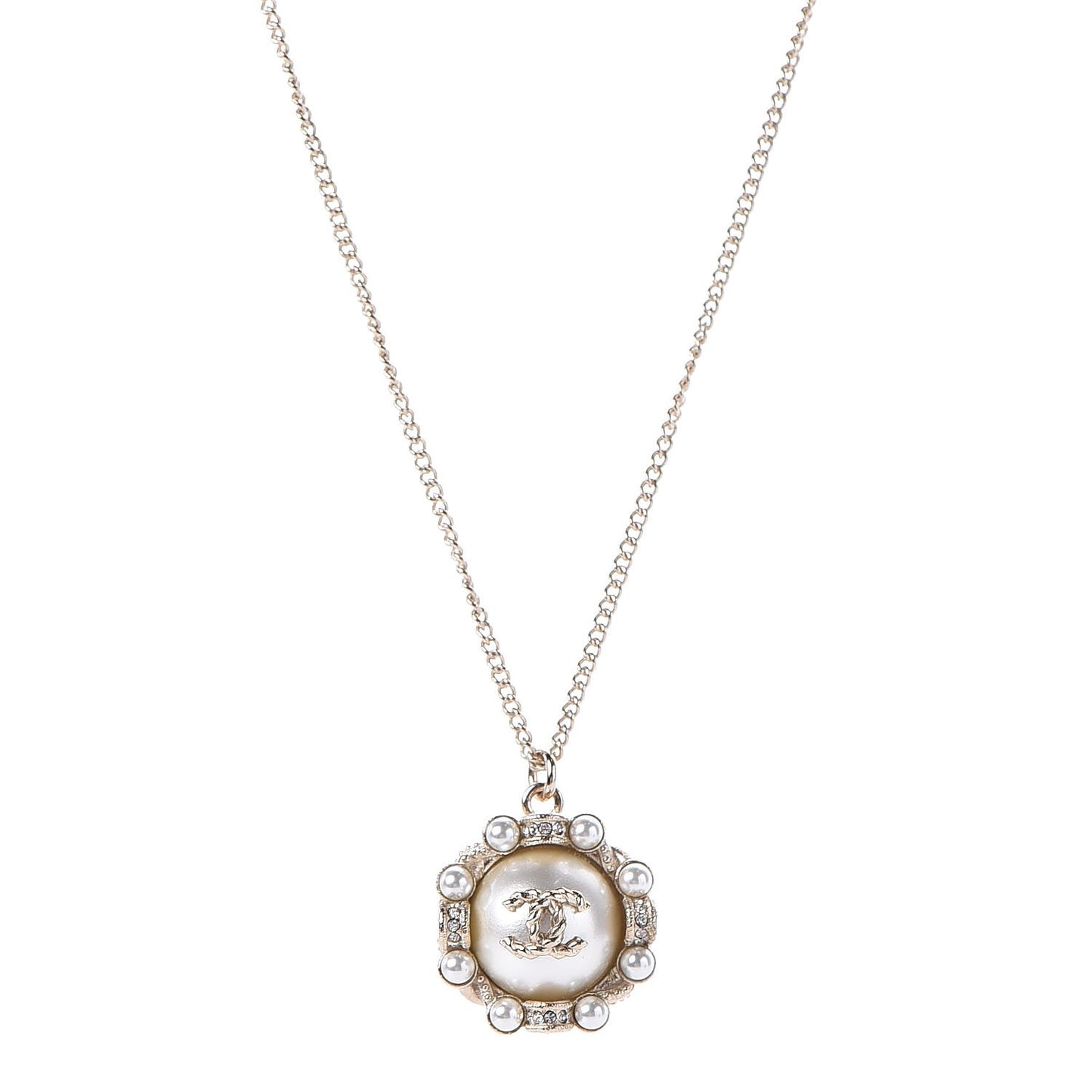 Crystal Pearl CC Medallion Necklace Light Gold