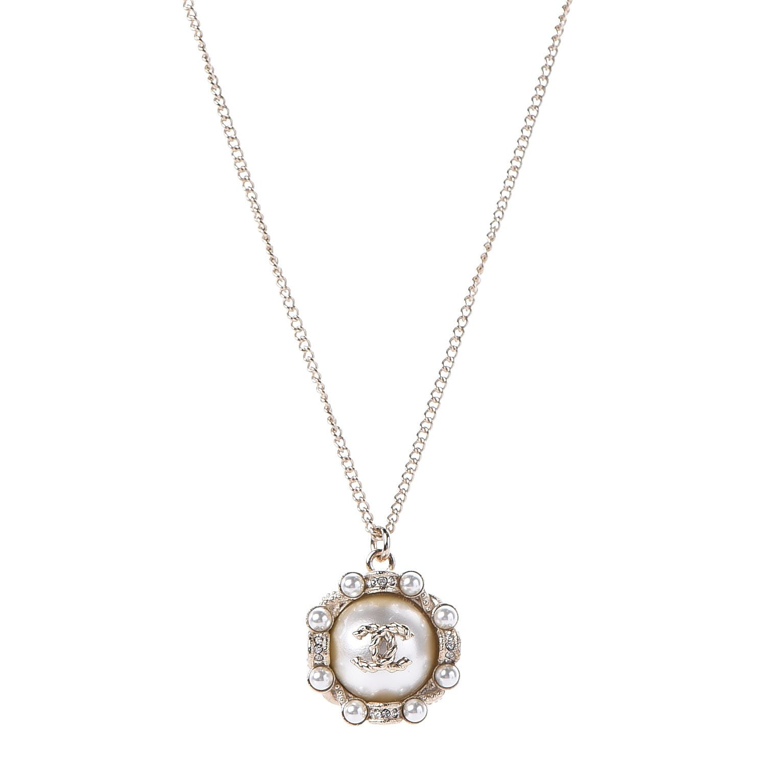 Chanel Crystal Pearl CC Medallion Necklace Light Gold 1 of 6