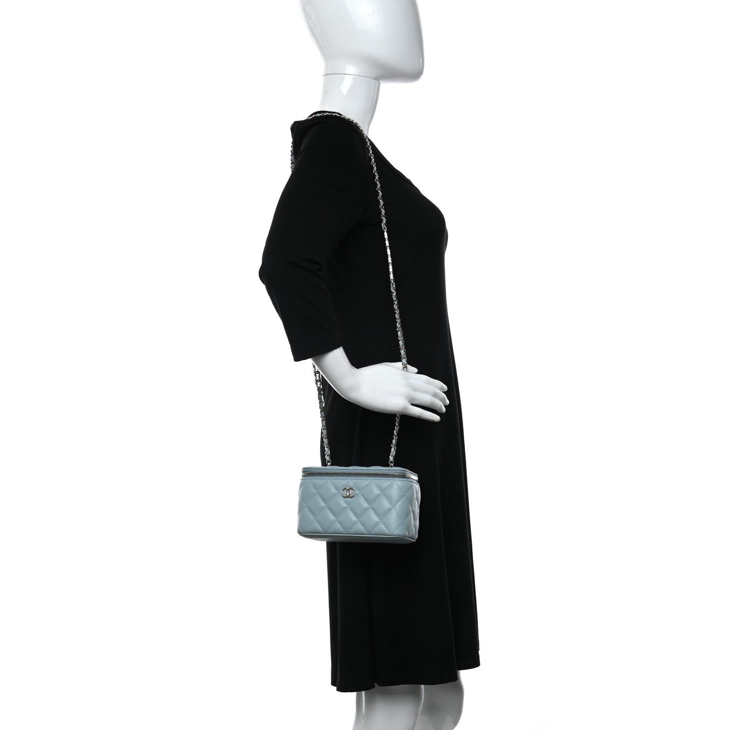 Caviar Quilted Small Tiny CC Vanity Case With Chain Light Blue