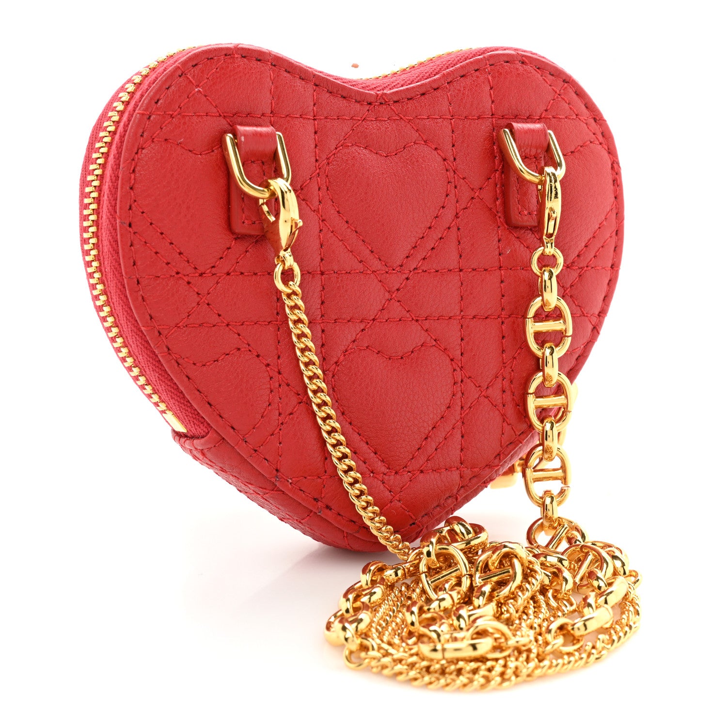 Christian Dior Calfskin Cannage Dioramour Caro Heart Pouch With Chain Bright Red 3 of 11