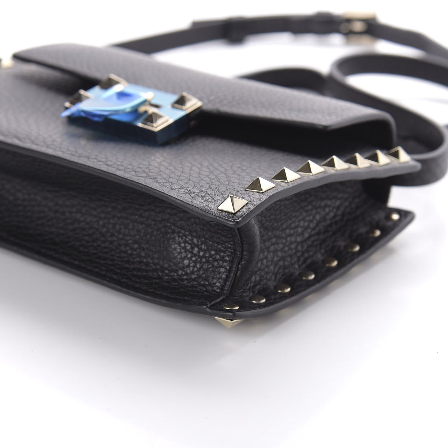 Pebbled Calfskin Small Rockstud Overlay Flap Shoulder Bag Black