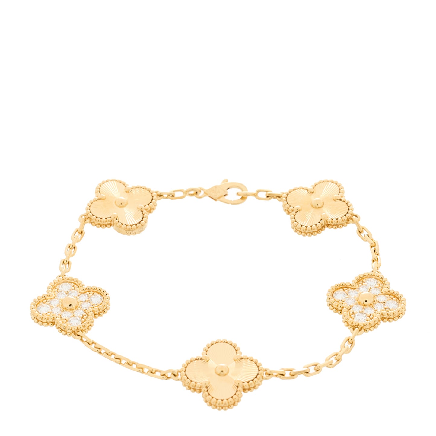 18K Yellow Gold Diamond 5 Motifs Guilloche Vintage Alhambra Bracelet