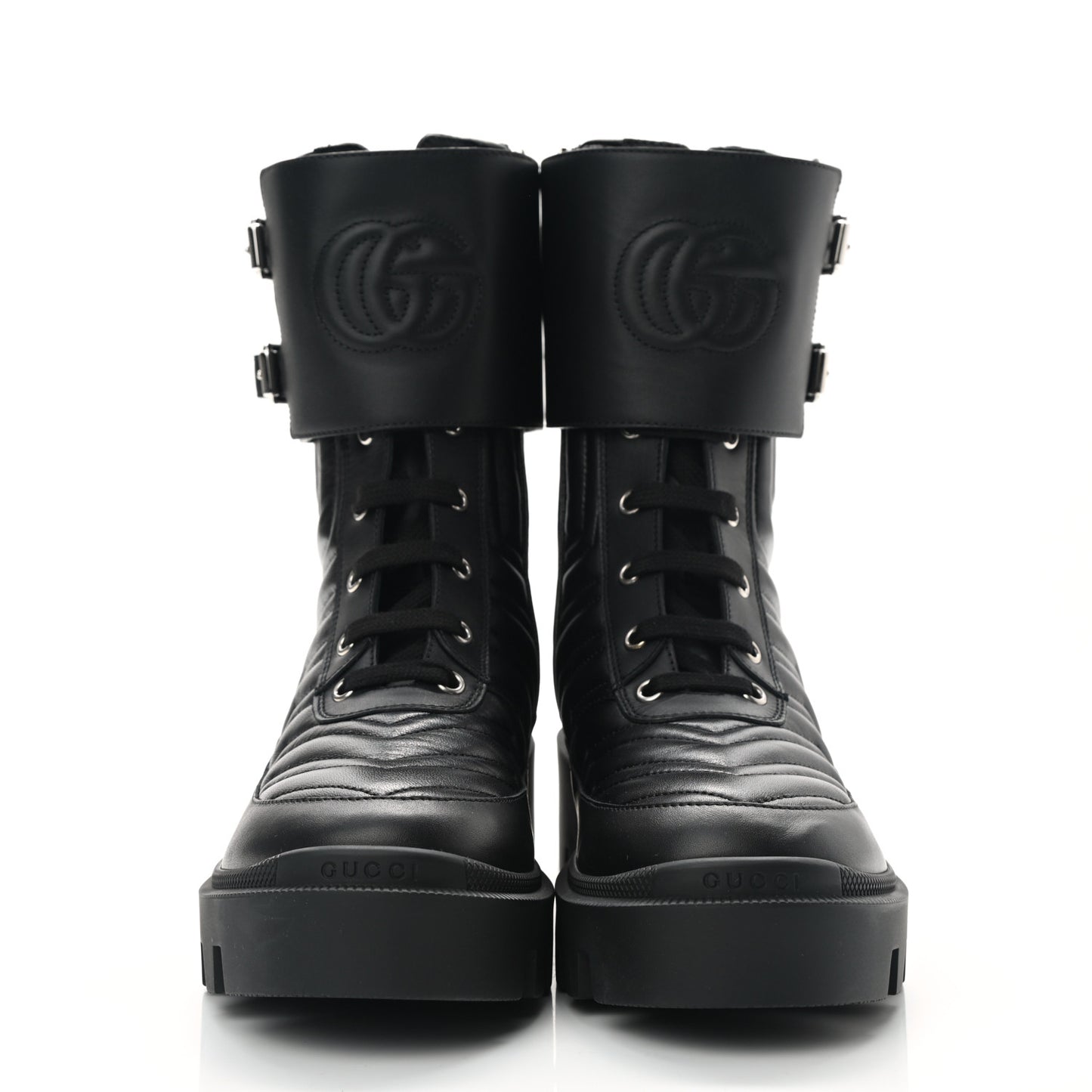 Nappa Frances GG Matelasse Platform Combat Boots 38.5 Black