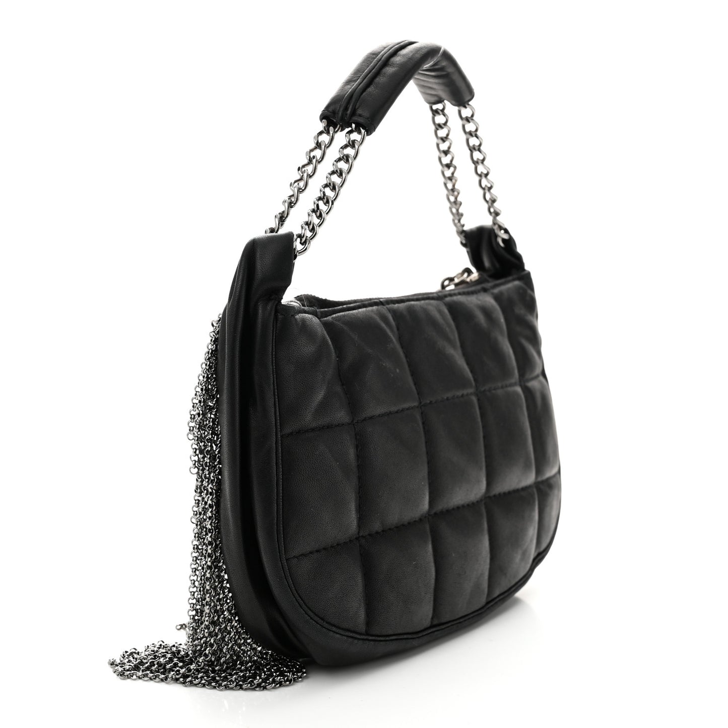 Lambskin Square Quilted Chain Fringe Pochette Black