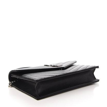 Saint Laurent Grain De Poudre Matelasse Chevron Monogram Envelope Chain Wallet Black 4 of 10