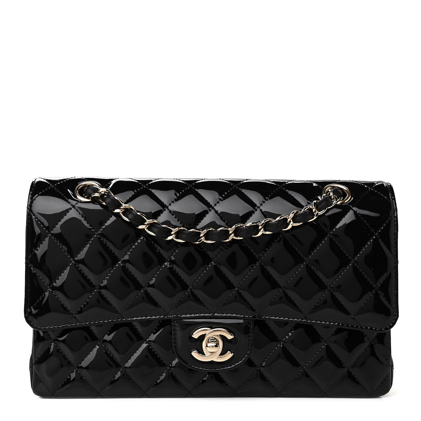 Patent Quilted Medium Double Flap Black