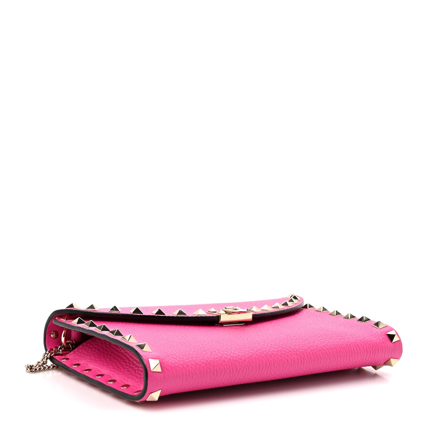 Grainy Calfskin Rockstud Flip Lock Wallet With Chain Pink PP
