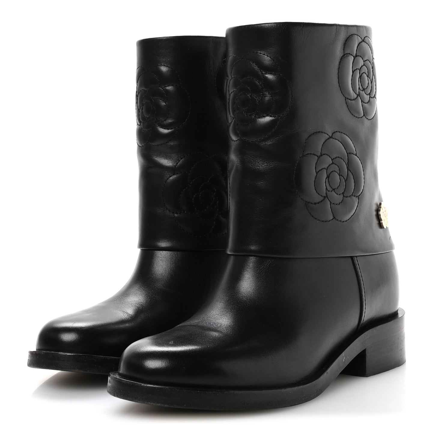 Calfskin Camellia Short Boots 37.5 Black