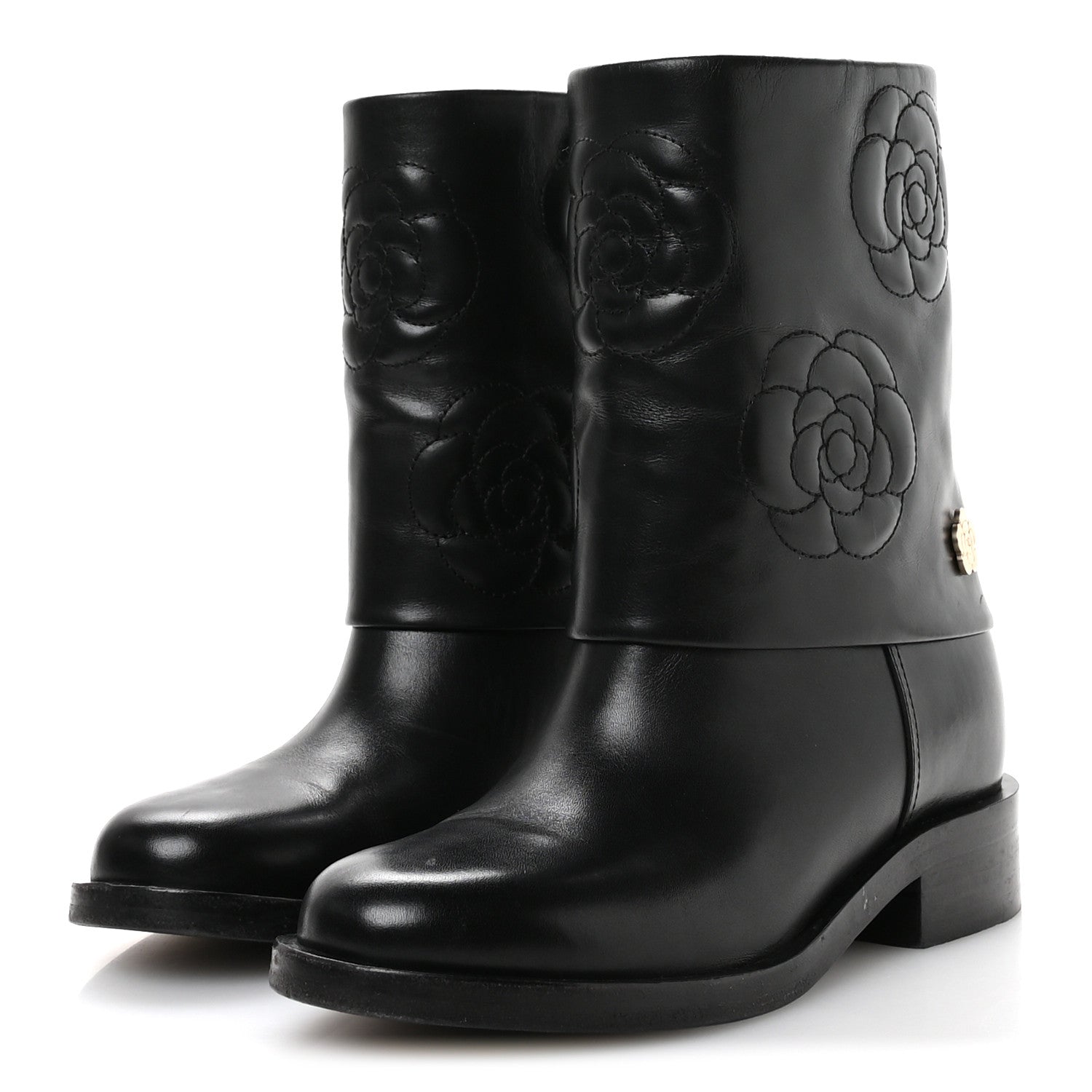 Chanel Calfskin Camellia Short Boots 37.5 Black 4 of 8