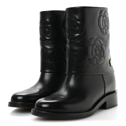 Chanel Calfskin Camellia Short Boots 37.5 Black 4 of 8