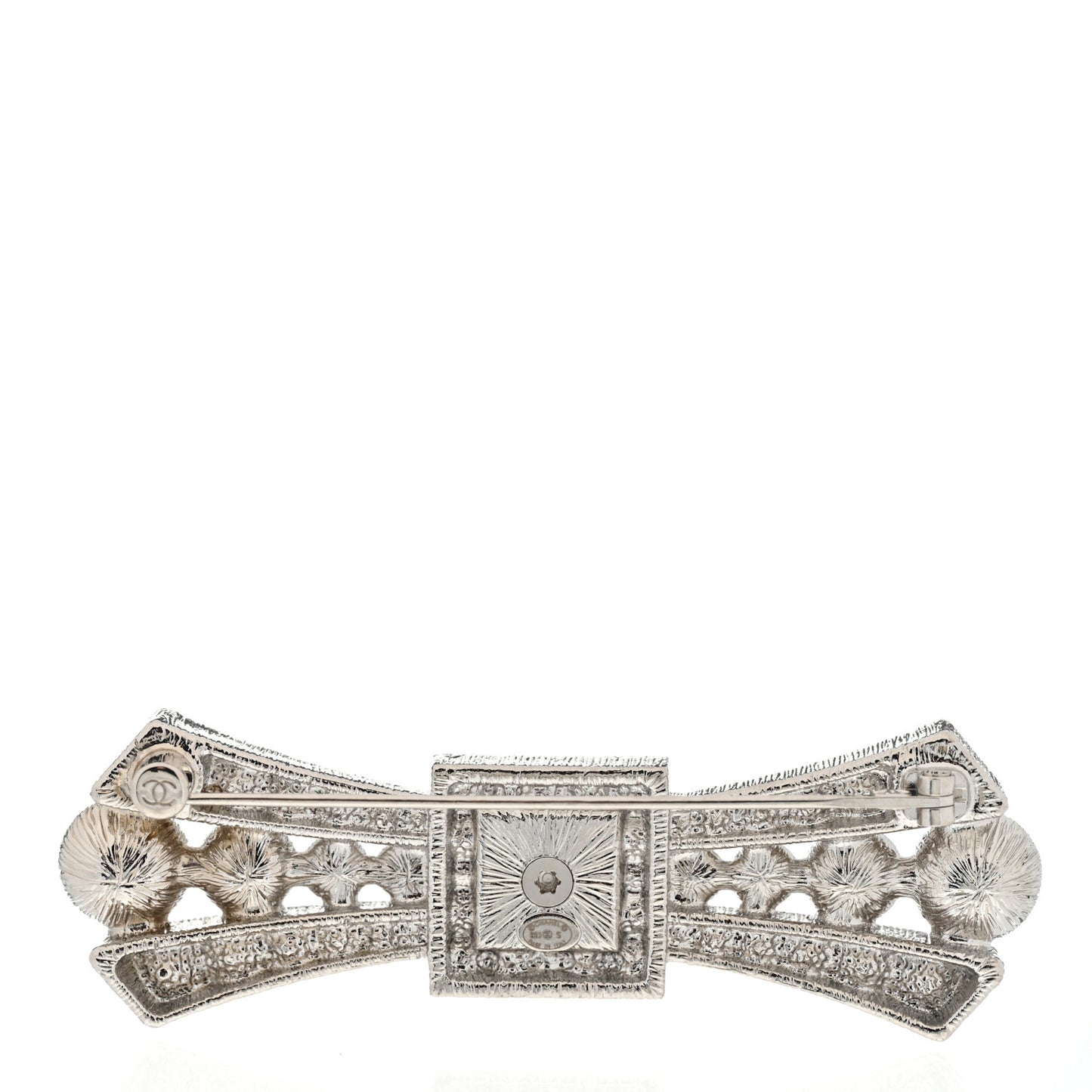 Metal Crystal CC Logo Bow Brooch Silver