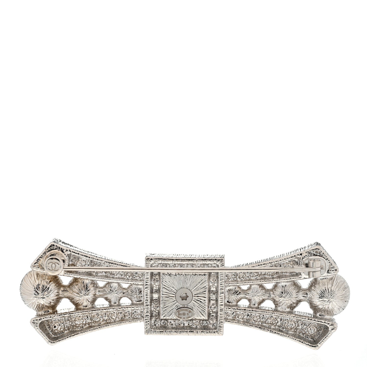 Chanel Metal Crystal CC Logo Bow Brooch Silver 3 of 5