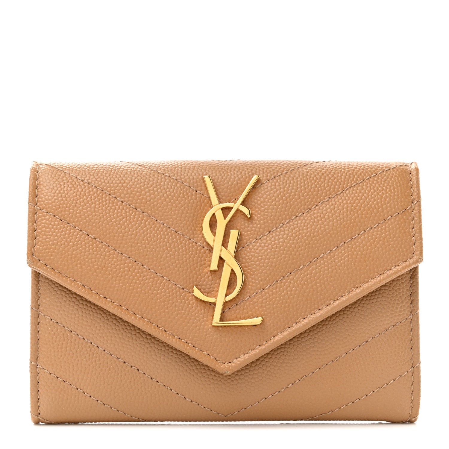 Saint Laurent Grain De Poudre Matelasse Chevron Small Monogram Envelope Wallet Dark Beige 1 of 7