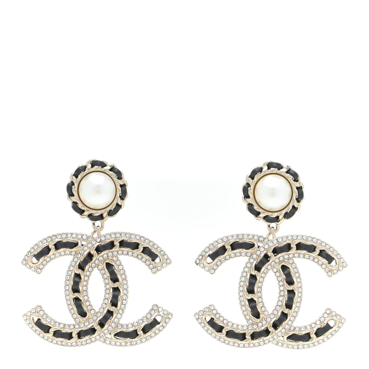 Chanel Pearl Lambskin Crystal Chain CC Drop Earrings Black Gold 1 of 5