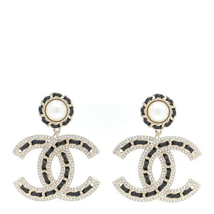 Chanel Pearl Lambskin Crystal Chain CC Drop Earrings Black Gold 1 of 5