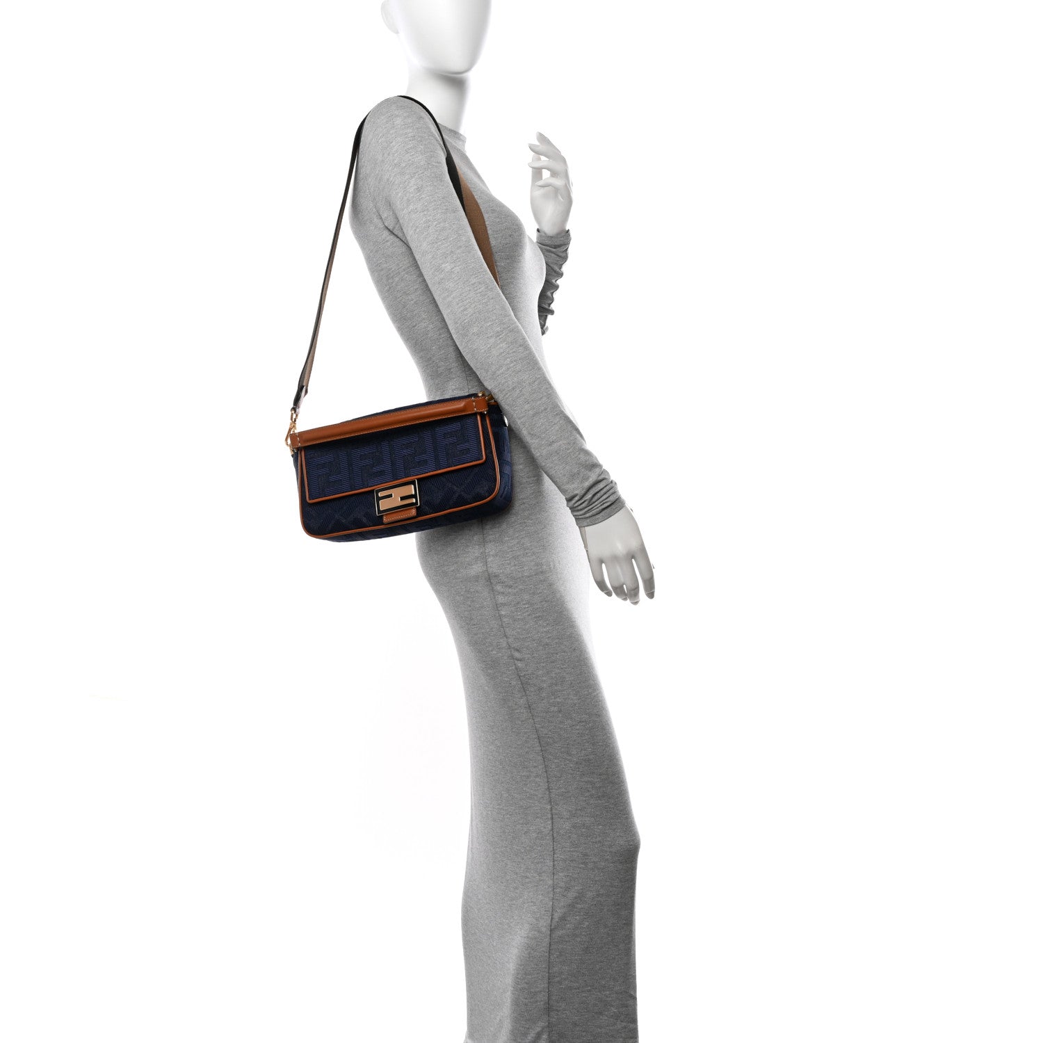 Fendi Denim Vitello King FF Embroidered Baguette Blue Cuoio 2 of 10