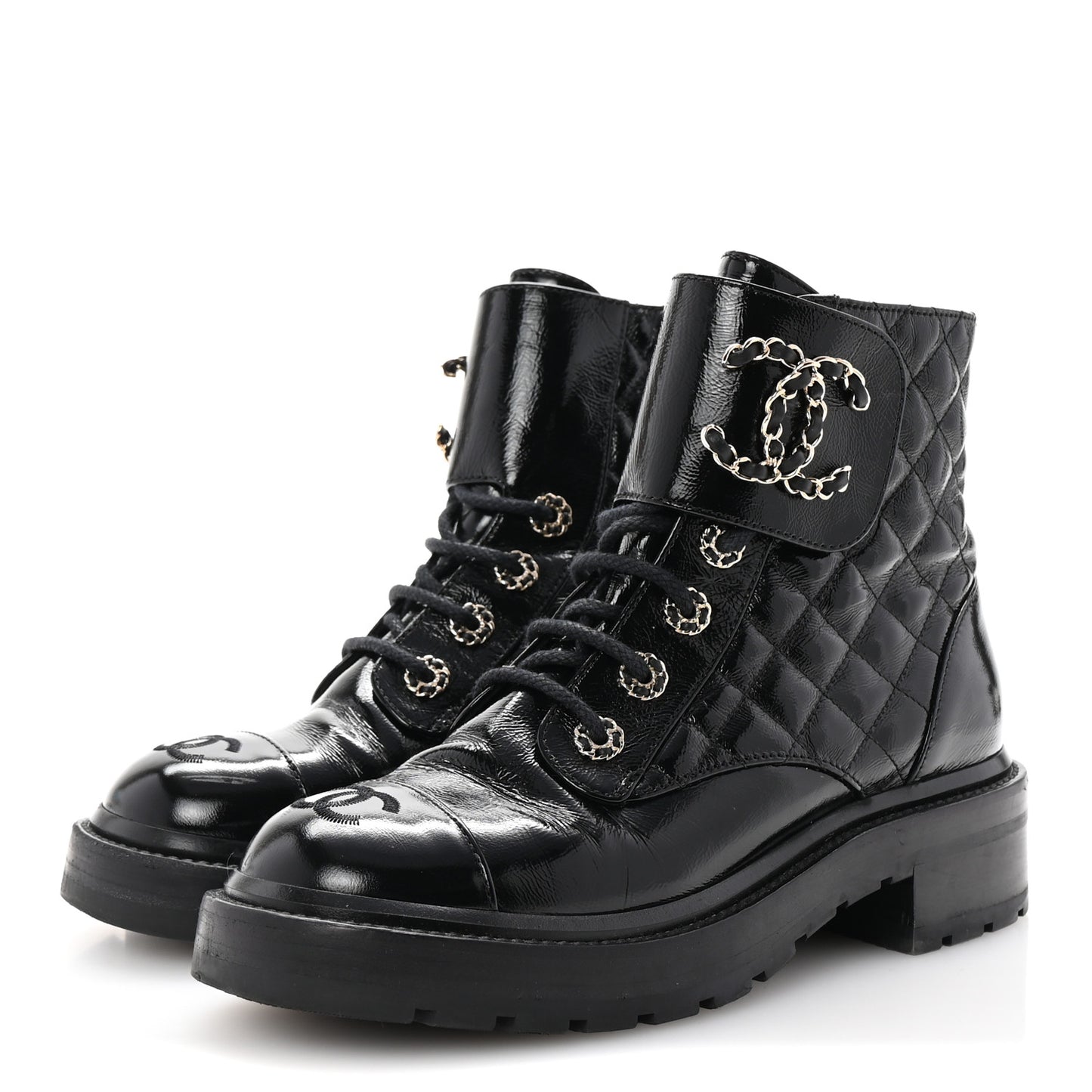 Shiny Calfskin Quilted Lace Up Combat Boots 37 Black