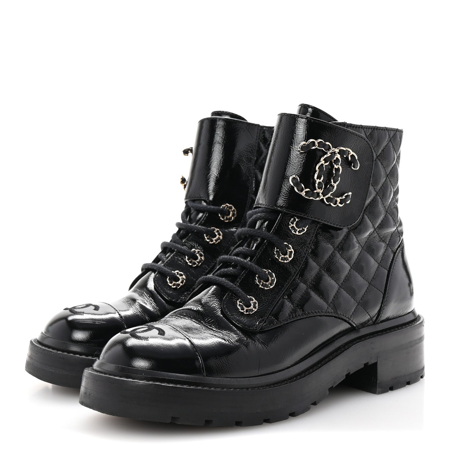 Chanel Shiny Calfskin Quilted Lace Up Combat Boots 37 Black 4 of 9