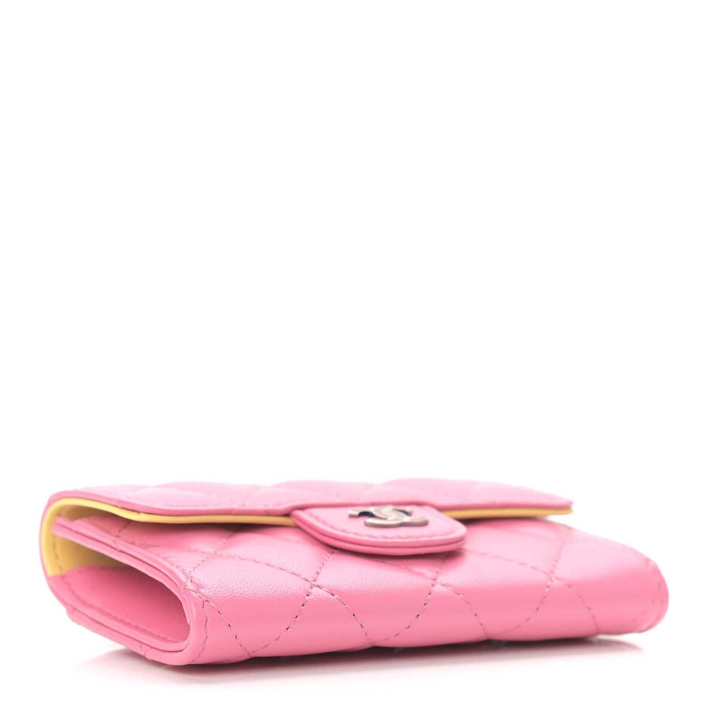 Lambskin Quilted Flap Card Holder Wallet Pink Yellow