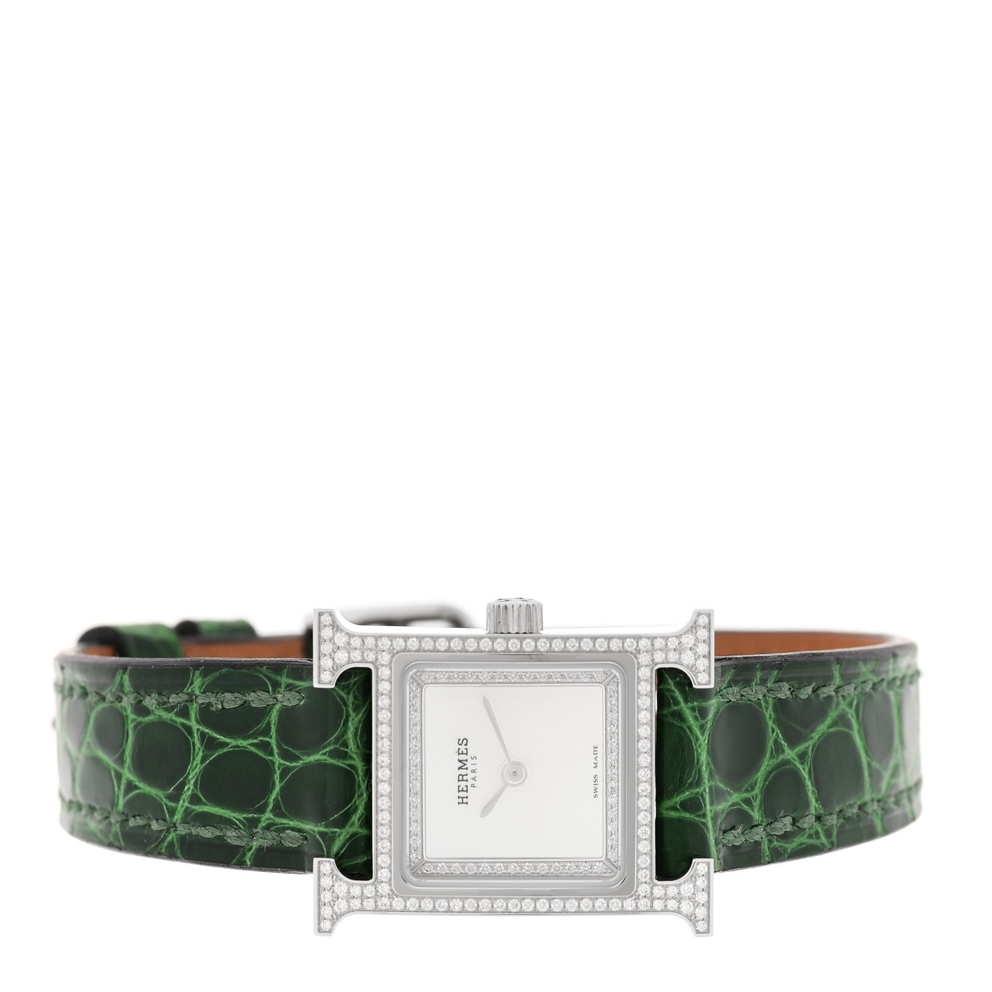 Stainless Steel Alligator Diamond Bezel Mother of Pearl 17.2mm Heure H Hour Quartz Watch Vert Moyen